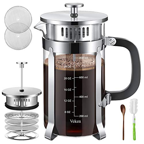 Veken French Press Coffer Tea Maker (34 oz), 304 Stainless Steel Coffee Press with 4 Level Filtration System, Thickened Heat Resistant Borosilicate Glass, Silver
