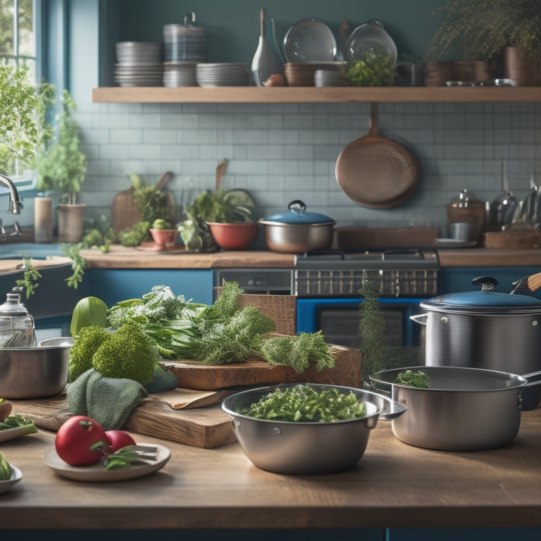 A cluttered kitchen with a messy island, stacked dirty dishes, and utensils scattered across countertops, contrasted with a sleek, organized background featuring a clean cooktop, tidy utensil holders, and a few strategically placed fresh herbs.