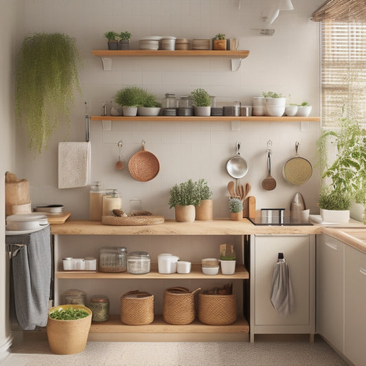 A tidy, compact kitchen with a wall-mounted pegboard, a tiered spice rack, and a pull-out trash can, surrounded by warm, natural light and a few potted herbs on the countertop.