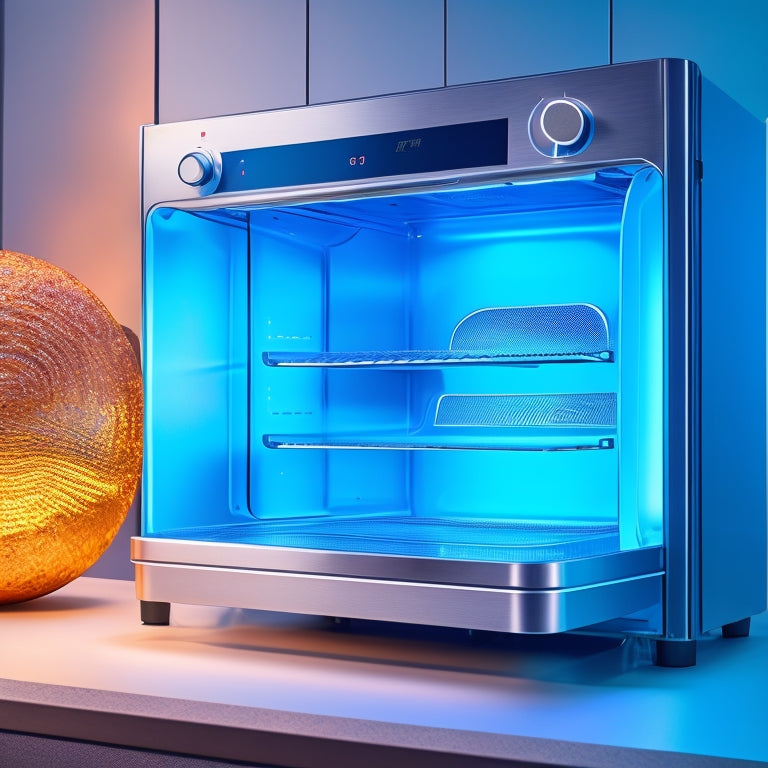 A futuristic, stainless steel combi oven with sleek, rounded edges, surrounded by a halo of soft blue light, set against a dark, gradient background with subtle, swirling patterns.