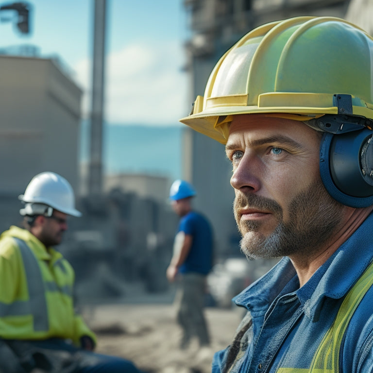 A rugged, helmet-clad construction worker on a bustling job site, wearing sleek, futuristic Bluetooth earbuds, surrounded by heavy machinery, tools, and coworkers in the background.