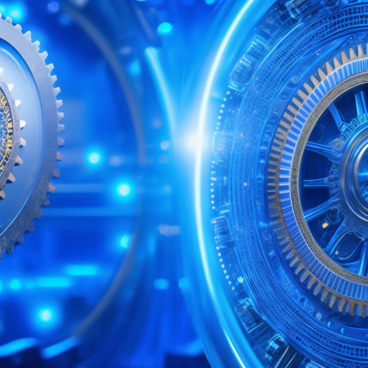 A futuristic, sleek, and minimalist background with a series of interconnected gears and cogs in silver and gold, surrounded by glowing blue circuits and wires.