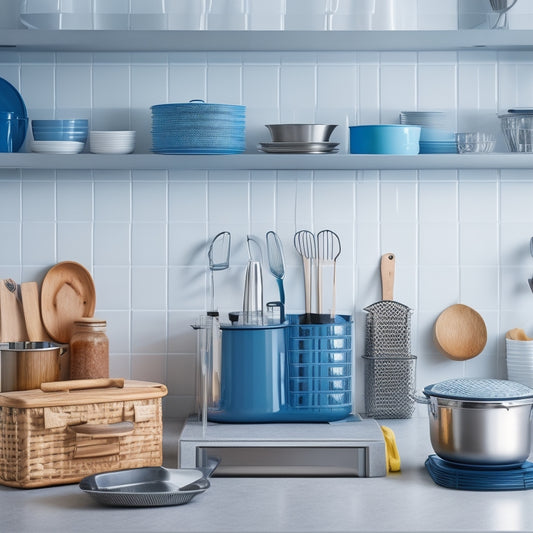 A bright, modern kitchen with a clean countertop, featuring a neatly organized lid station with stacked lids, a hanging lid rack, and a cleverly repurposed utensil holder storing lids of varying sizes.