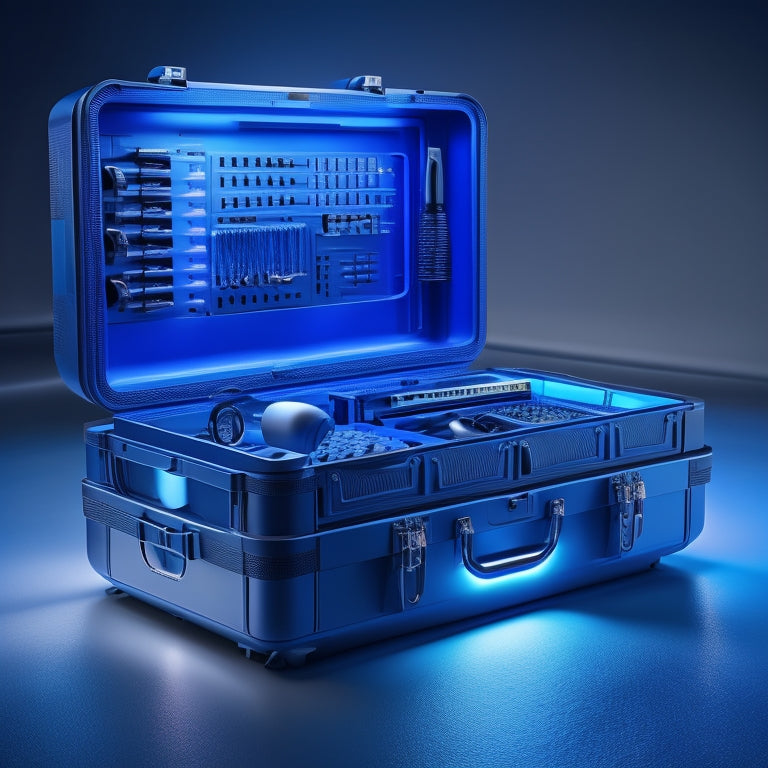 A futuristic, high-tech toolbox with modular compartments, glowing blue accents, and a sleek metallic finish, surrounded by neatly organized tools and equipment, set against a dark, gradient background.