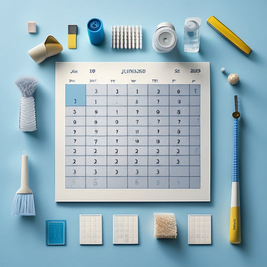 A minimalist illustration featuring a calendar with 31 numbered squares, surrounded by scattered clutter and mess, with a single sparkly cleaning tool (e.g. a duster or scrubber) placed prominently in the center.