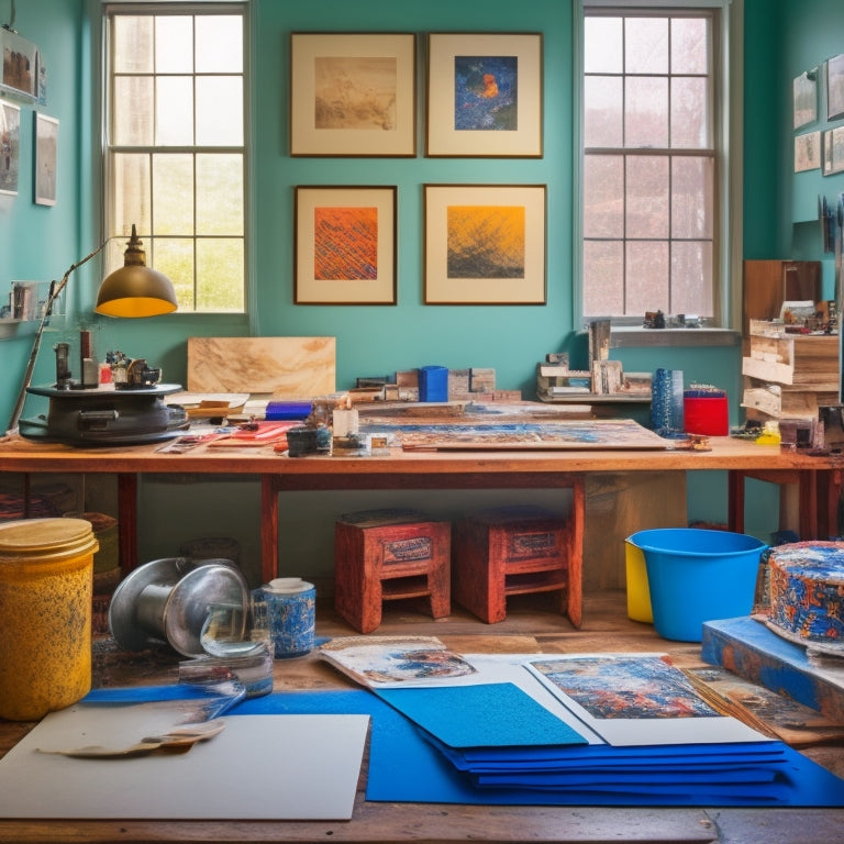 Generate an image featuring a well-organized printmaking studio with a large, central worktable, scattered with colorful papers, inks, and abstract collagraph plates, surrounded by inspirational art pieces on walls.