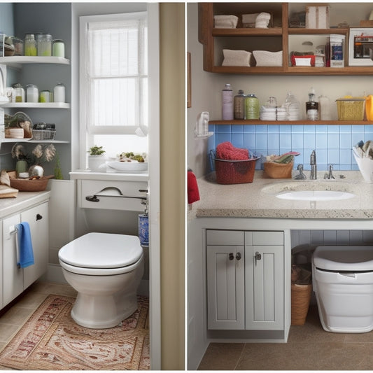 A before-and-after split-screen image: cluttered under-sink space with pipes, cleaning supplies, and trash, versus a tidy, organized space with a pedestal sink, slide-out drawers, and a wall-mounted shelf.