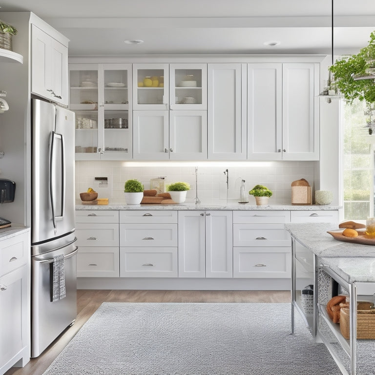 A bright, modern kitchen with sleek white cabinets, a large island, and a stainless steel refrigerator, featuring a pull-out pantry, a pegboard with hanging utensils, and a sleek spice rack.