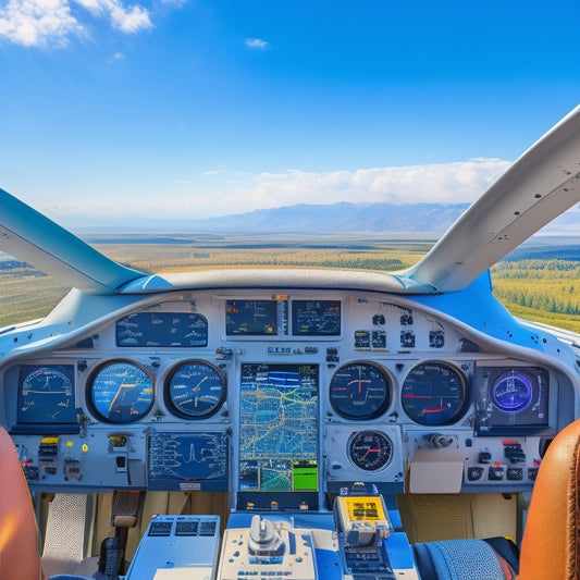 An aerial view of a pilot's cockpit with a Garmin Pilot iOS device mounted on the dashboard, surrounded by aircraft instruments and navigation charts, set against a clear blue sky with fluffy white clouds.