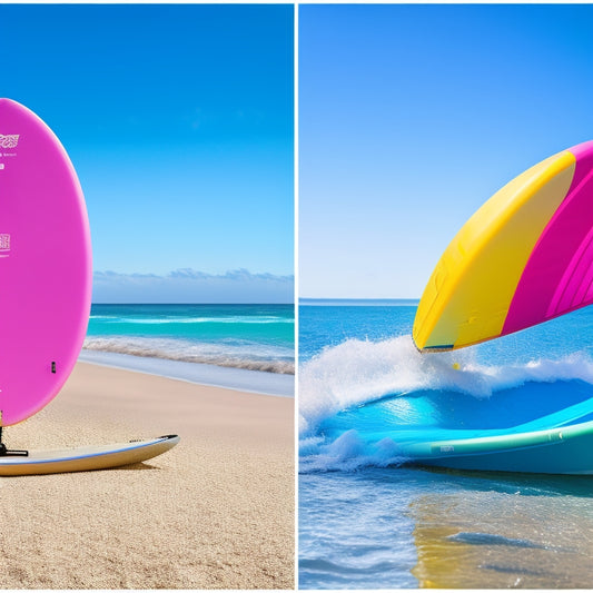 A split-screen image showing a deflated, limp surfboard on the left, and a sturdy, buoyant surfboard with vibrant, colorful foam filling on the right, both set against a bright, sunny beach background.