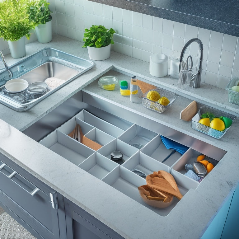 A sleek, modern kitchen with a stainless steel sink, white granite countertops, and a pull-out drawer organizer filled with neatly arranged cleaning supplies and kitchen utensils.