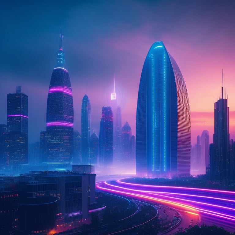 A futuristic, sleek, and modern cityscape at dusk with neon lights, subtle fog, and towering skyscrapers, featuring a large, glowing, iridescent portal in the center, radiating vibrant colors.