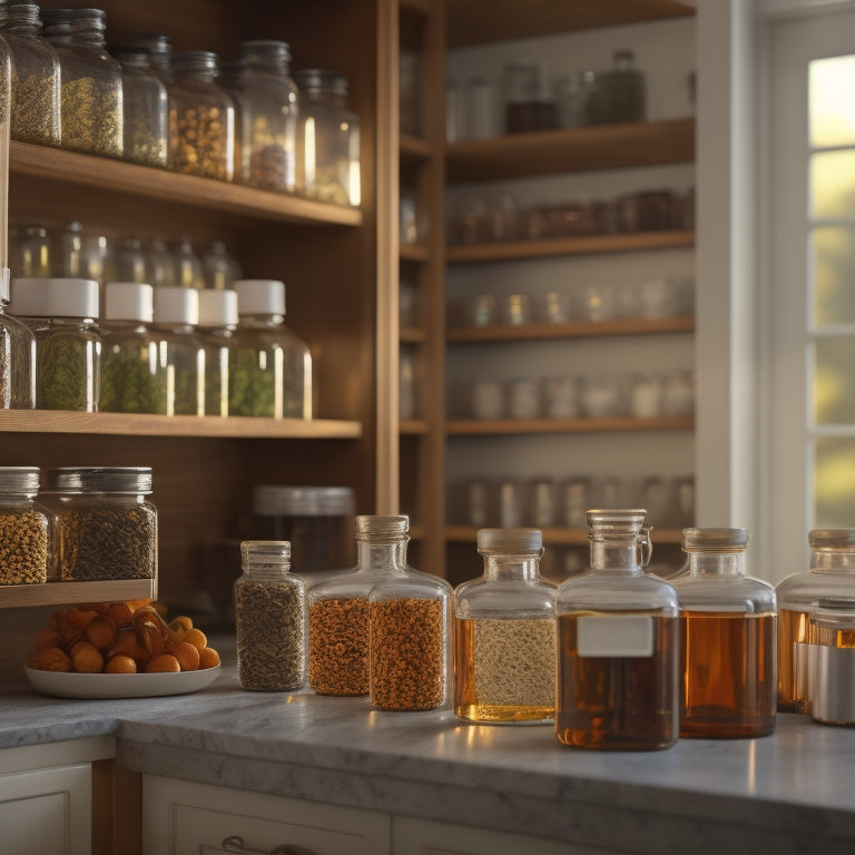 A tidy kitchen cabinet with adjustable shelves, containing rows of matching glass spice jars with chrome lids, and amber-tinted oil bottles with decorative labels, surrounded by soft, warm lighting.