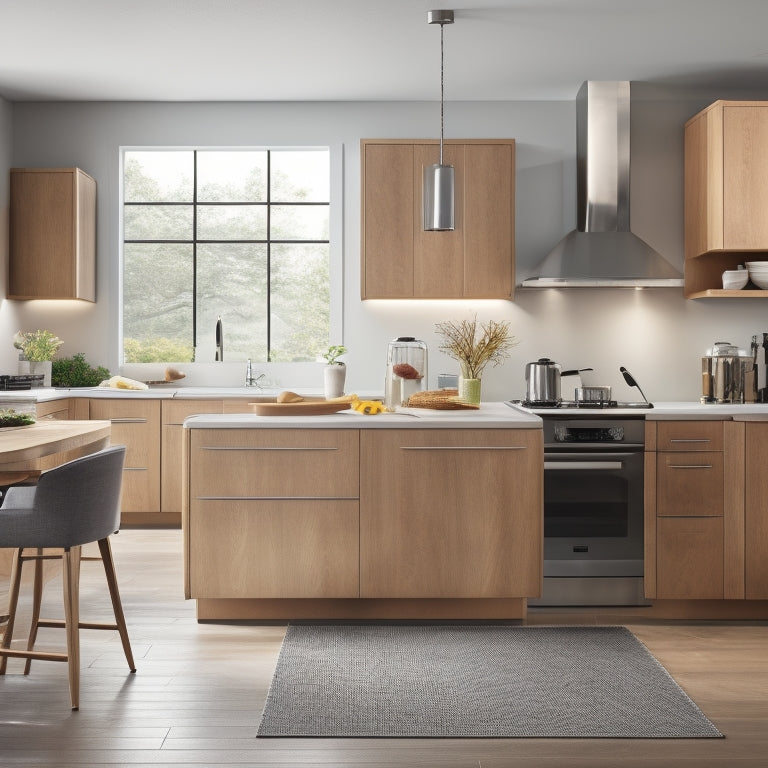 A modern kitchen with sleek, handle-less cabinets in a light wood tone, a large island with a built-in cooktop, and a wall-mounted pot rack above a stainless steel sink.