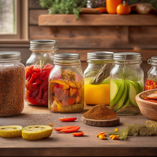 A colorful, rustic-style kitchen scene: a mason jar filled with vibrant, juicy pickles and fresh dill, surrounded by scattered spices, a wooden cutting board, and a few scattered pickle slices.