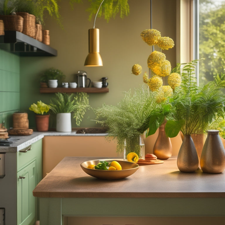 A serene kitchen with warm, golden lighting, featuring a lush green wall, a wooden island with a vase of fresh flowers, and a few, carefully placed, minimalist kitchen utensils.