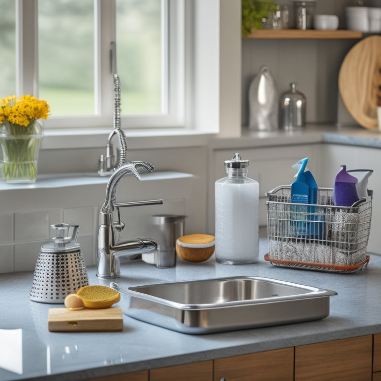 A tidy kitchen sink area with a stainless steel caddy organizer, holding a soap dispenser, sponge, and scrubber, surrounded by gleaming countertops and a few strategically placed kitchen utensils.