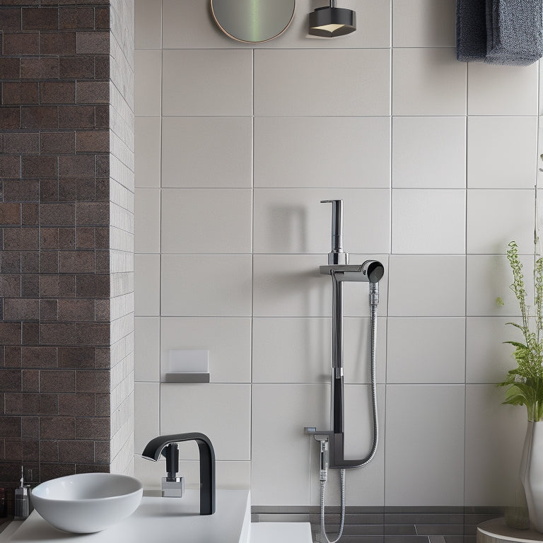 A modern bathroom with a sleek, wall-mounted AXOR Universal Softsquare faucet, surrounded by different showerheads, handles, and accessories, showcasing its modular design and customization options.