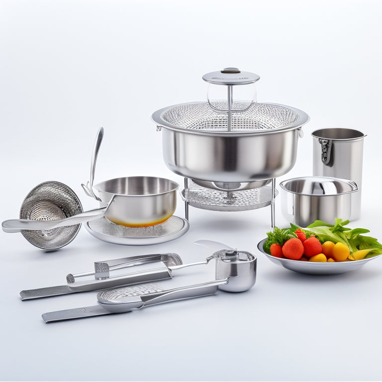 A sleek, stainless steel electric steam table with 5 wells, each containing a different steaming basket, surrounded by utensils and garnishes, set against a clean, white background.