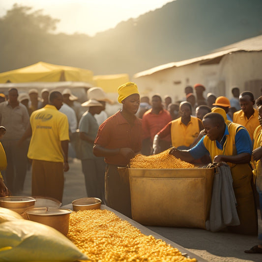 A warm, golden-lit scene depicting a bustling food distribution center in Haiti, with volunteers in bright yellow vests handing out bags of rice and beans to smiling, grateful recipients.