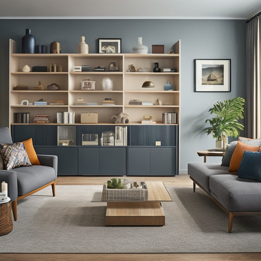 A modern living room with a sleek, wall-mounted shelving unit featuring hidden compartments, a storage ottoman, and a coffee table with built-in drawers, surrounded by neatly organized decorative items.