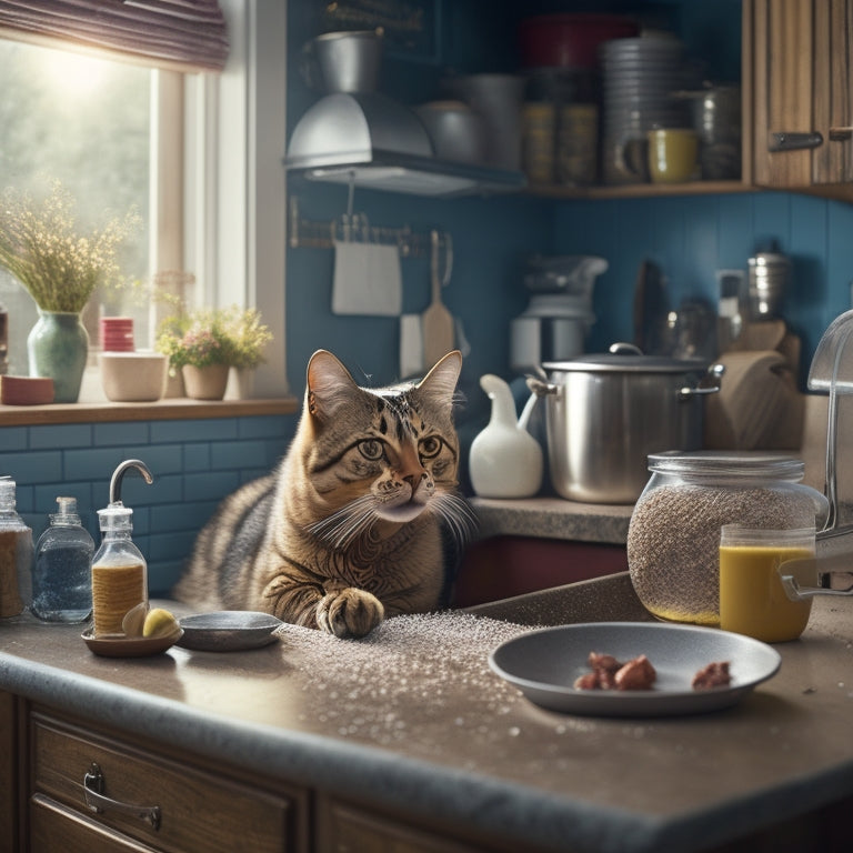 A cluttered kitchen with pet hair and dander-covered countertops, a dirty dishes-filled sink, and a cat or dog in the background, with allergy-inducing dust particles floating in the air.