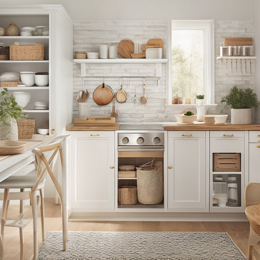 A bright, modern kitchen with a mix of open and closed storage solutions: wall-mounted shelves, pull-out cabinets, and a kitchen cart with woven baskets, amidst a background of soft, creamy whites and warm wood tones.