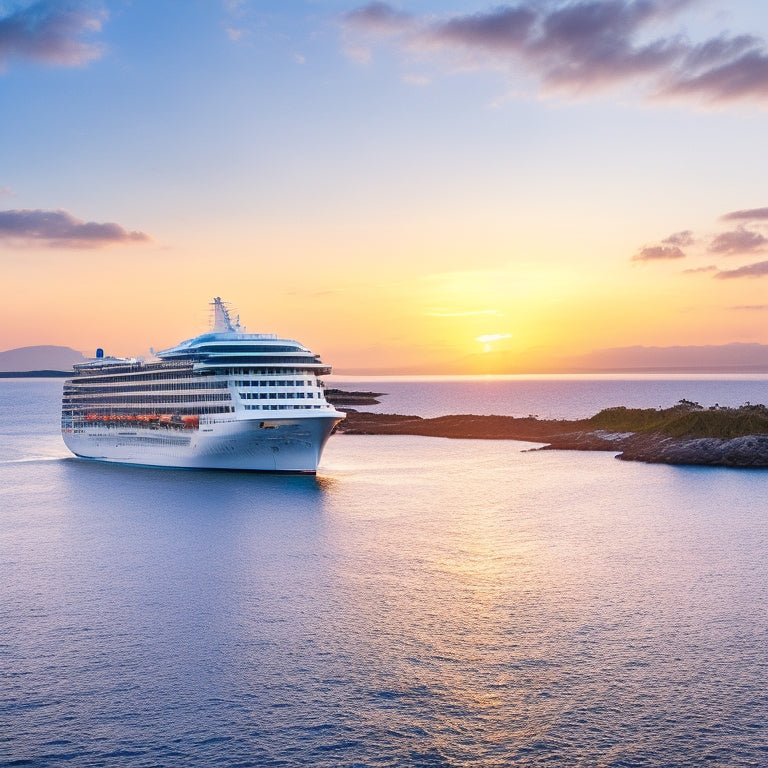 A serene oceanic scene featuring the Ruby Princess cruise ship at sunset, with a gleaming white deck, golden accents, and a wake trailing behind, set against a warm orange and pink sky.