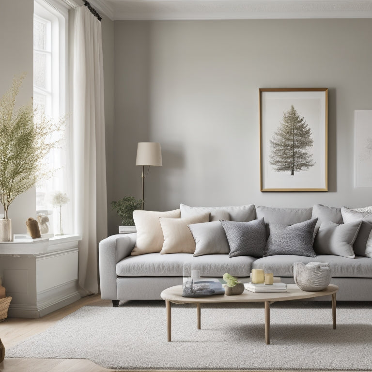 A serene, white-walled living room with a plush gray couch, adorned with throw pillows in complementary hues, surrounded by elegant, minimalist decor and a few thoughtfully placed registry gifts.