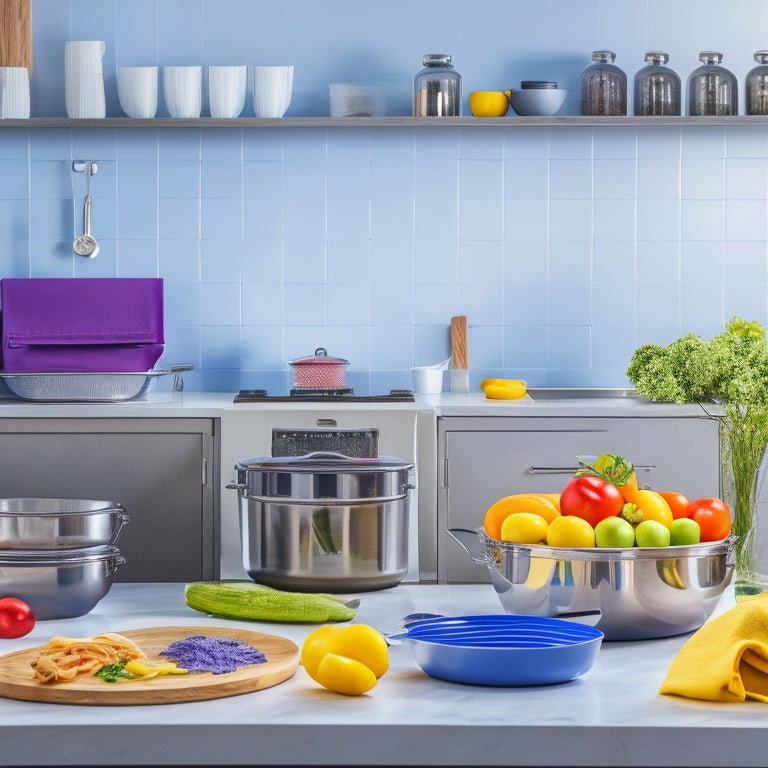 A bright, modern kitchen with a tidy countertop, a few essential utensils, and a single, gleaming stainless steel pot, surrounded by a handful of colorful, chopped vegetables and a small stack of uniform meal prep containers.