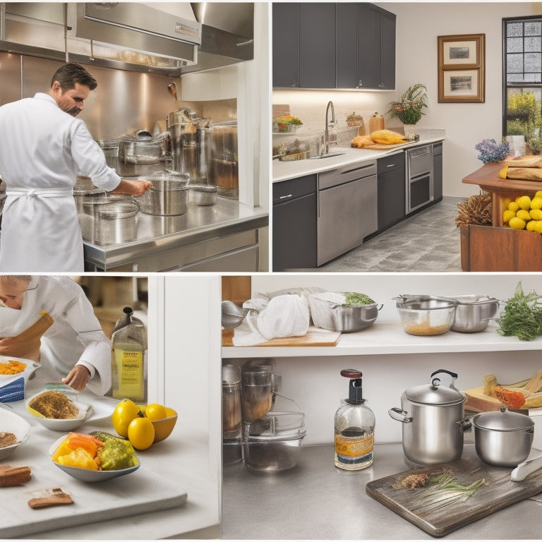 A split-screen image featuring a messy, cluttered kitchen on the left, with expired food and dirty utensils, contrasted with a clean, organized kitchen on the right, with a chef in a white coat and a ServSafe certification badge.