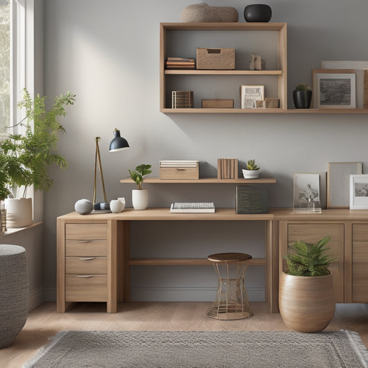 A serene, well-lit, minimalist home office with a sleek wooden desk, a few carefully placed decorative objects, and a few neatly labeled storage bins and baskets in the background.