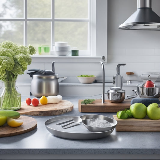 A tidy, modern kitchen countertop with a stainless steel stand mixer, wooden cutting board, chef's knife, silicone spatula, and a few fresh vegetables, arranged in a harmonious and inviting composition.