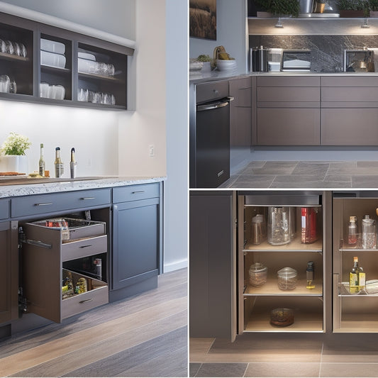 A beautifully lit, modern kitchen island with sleek, handle-free cabinetry, featuring a combination of pull-out trash and recycling bins, a built-in wine rack, and a slide-out spice organizer.