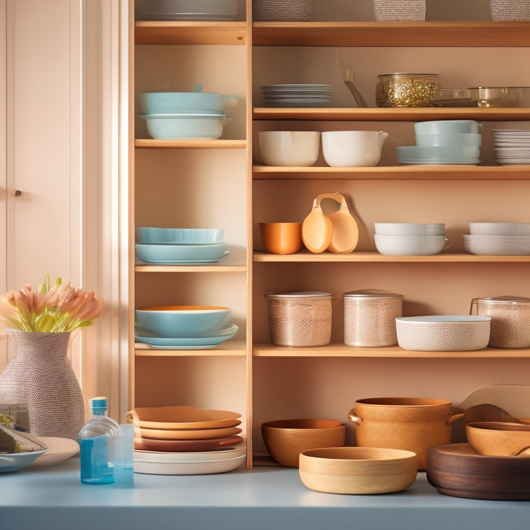 A tidy kitchen cabinet interior with stacked, organized plates in a gradient of sizes, separated by thin dividers, and secured with soft-grip plate holders, surrounded by warm, muted lighting.