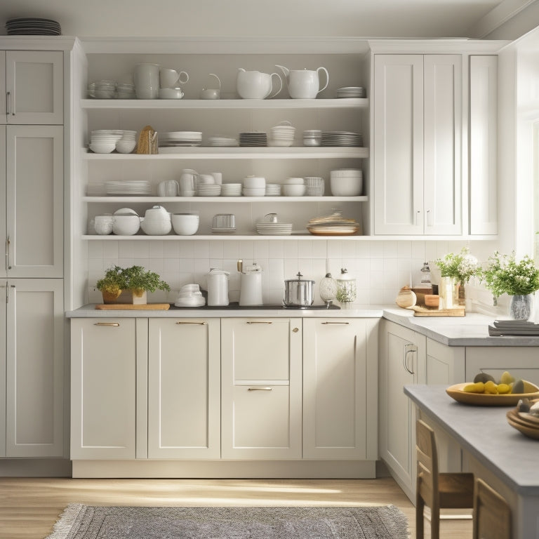 A serene, well-lit kitchen with soft, white cabinetry and pale grey countertops, featuring a single, spotless cupboard with neatly stacked, matching white dishes and cookbooks.