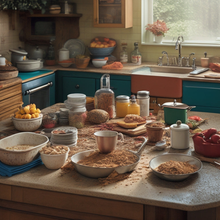 A messy kitchen with dirty dishes piled high in the sink, crumb-covered countertops, and a trash can overflowing with food waste, surrounded by scattered cookbooks and appliances.