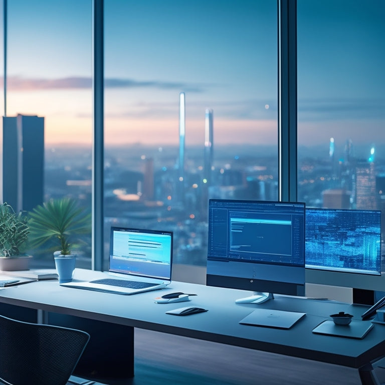 A futuristic, minimalist workspace with a sleek laptop and a holographic virtual assistant projected above it, surrounded by organized files and a subtle cityscape background, conveying efficiency and innovation.