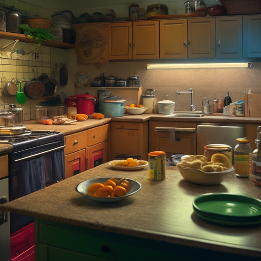 A cluttered, dimly lit college kitchen with open cabinets revealing expired canned goods, a messy countertops with crumbs and spills, and a sink filled with dirty dishes and utensils.