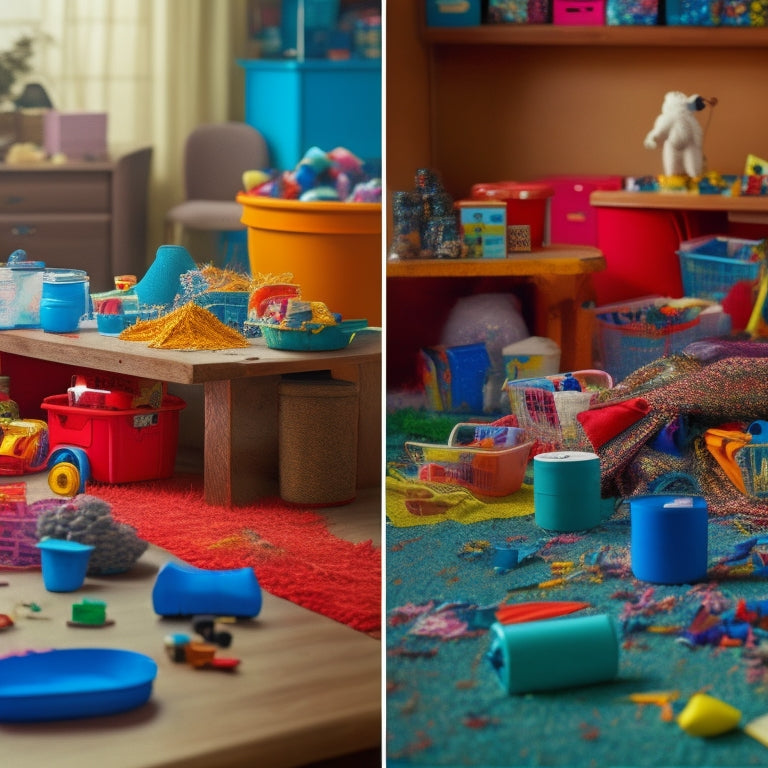 A split-screen image featuring a messy, cluttered background with scattered toys and supplies on the left, and a tidy, organized background with labeled toys and supplies on the right.