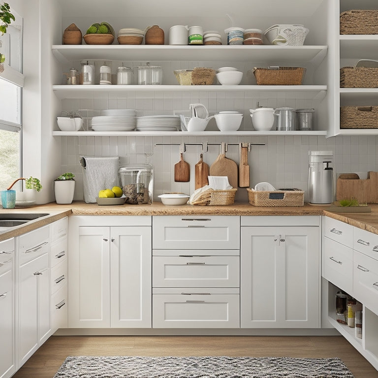 A tidy kitchen with sleek, white cabinets and drawers, showcasing various organization systems: pull-out trash cans, tiered spice racks, and adjustable shelves with baskets and utensil holders.