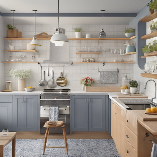 A bright, modern kitchen with sleek countertops, a large island, and a mix of open and closed storage, featuring a pegboard with hanging utensils, a sink-side utensil organizer, and a ceiling-mounted pot rack.