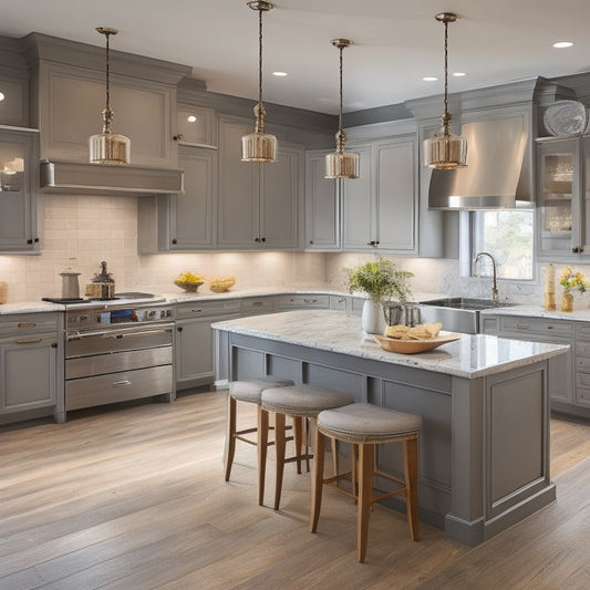 A warm, inviting kitchen with sleek, custom cabinetry in a soft gray tone, surrounded by high-end appliances, and a large, marble-topped island with a built-in cooktop and pendant lights above.