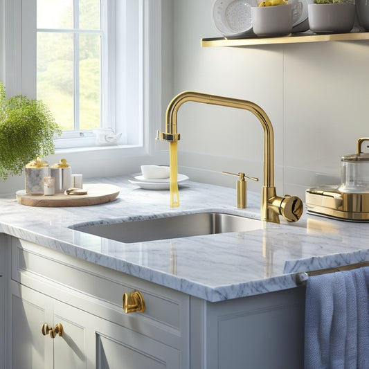 A tidy, compact kitchen with a sleek, modern faucet, stainless steel sink, and white marble countertops, featuring a wall-mounted lid rack with 5-7 slots, holding various sizes of shiny, metallic lids.