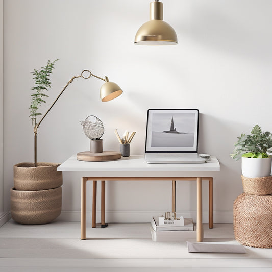 A clutter-free desk with a wooden top, a sleek metal lamp, a small potted plant, and a few strategically placed compartments, baskets, and trays, surrounded by a calming, creamy-white background.