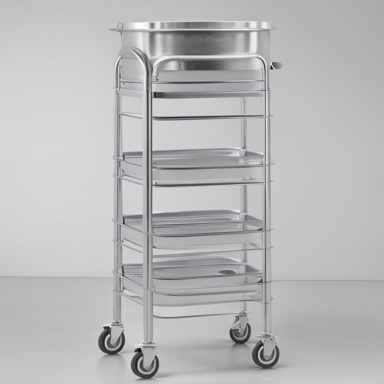 A shiny, silver, stainless steel lid trolley with five tiers, each holding multiple lids of varying sizes, standing on wheels, against a clean, white, minimalist background.