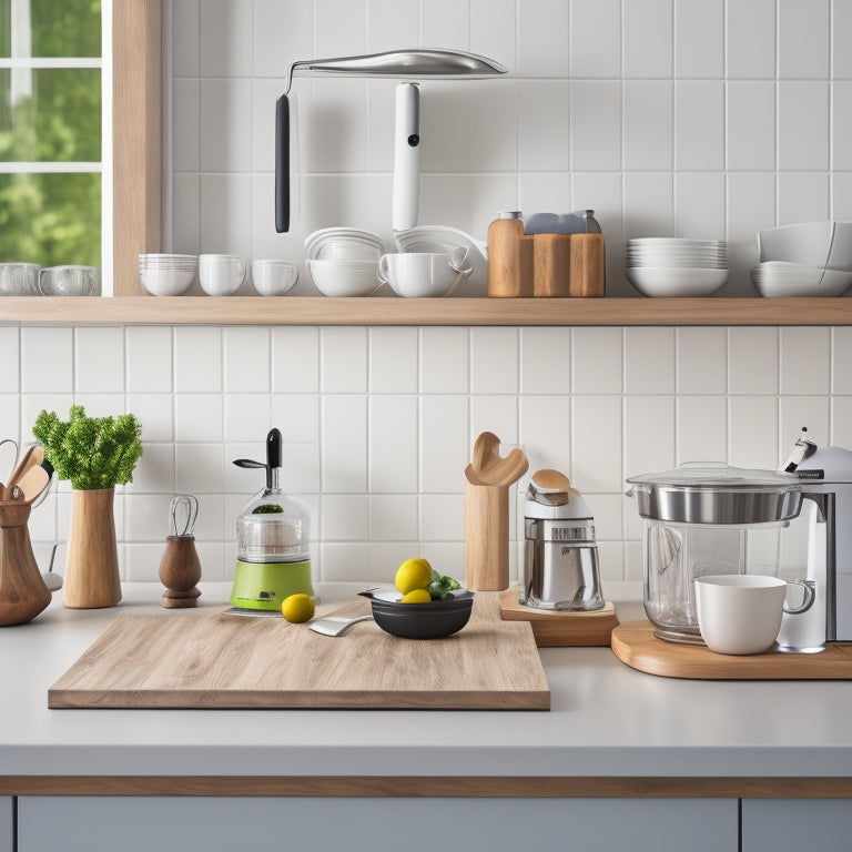 A clean and modern kitchen with a few, carefully selected appliances and utensils, including a stand mixer, immersion blender, and wooden cutting board, arranged artfully on a minimalist countertop.