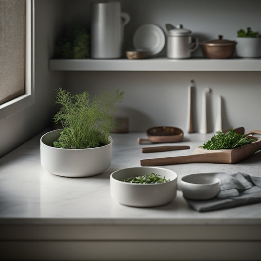 A serene, minimalist kitchen drawer with soft, warm lighting, containing only a few, precisely arranged utensils and a single, delicate leaf of fresh parsley, against a calm, creamy background.