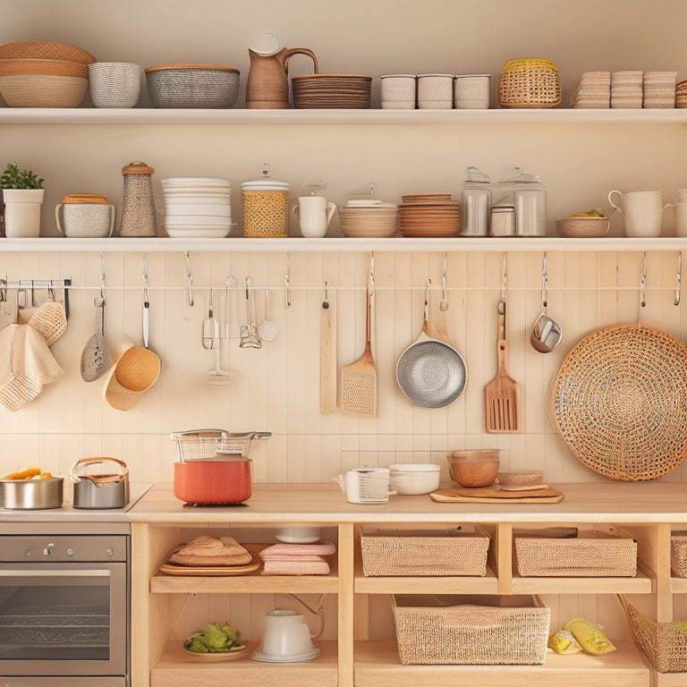 A tidy kitchen with a few open cabinets showcasing stackable baskets, hanging utensils, and a pegboard with hooks, set against a neutral-colored background with plenty of natural light.