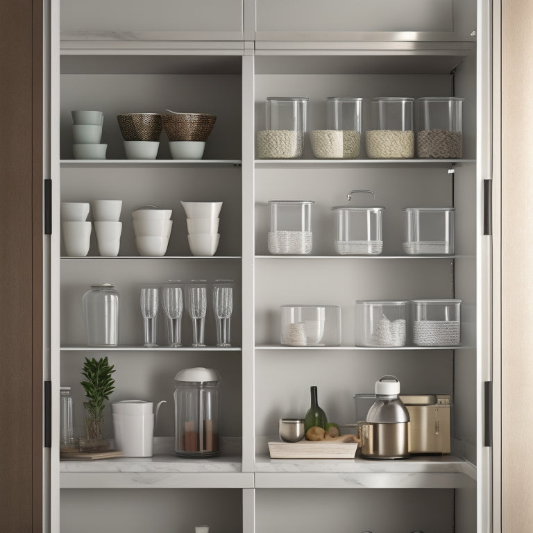 A serene, minimalist kitchen cabinet with soft, warm lighting, featuring perfectly aligned rows of elegant, glass-fronted containers, and a few strategically placed dividers, showcasing a sense of calm, organized precision.